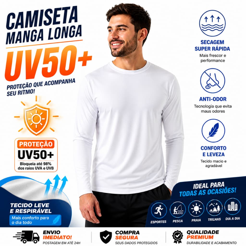 Camiseta UV50 camiseta manga longa masculina- manga longa-camisa manga longa confortavel