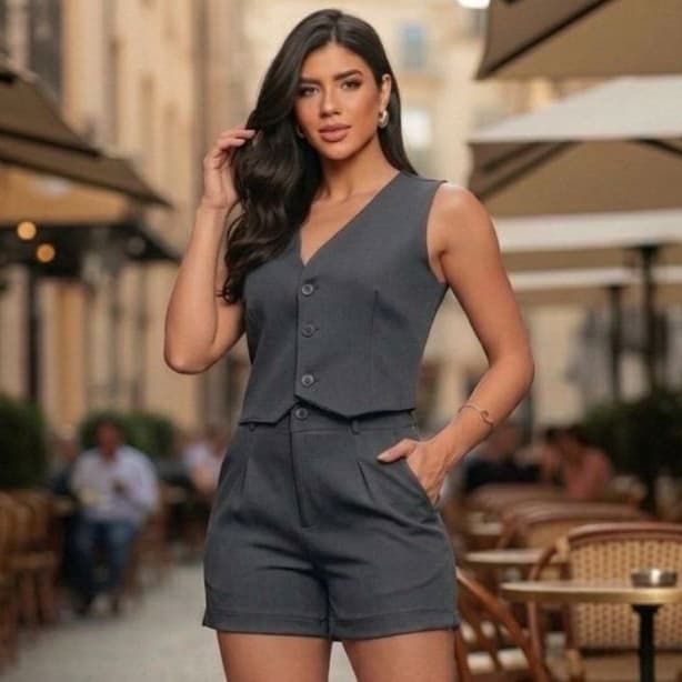 Conjunto Casual Feminino Alfaiataria Moda Elegante Colete + Short Verão Tecido Premium Do P ao GG