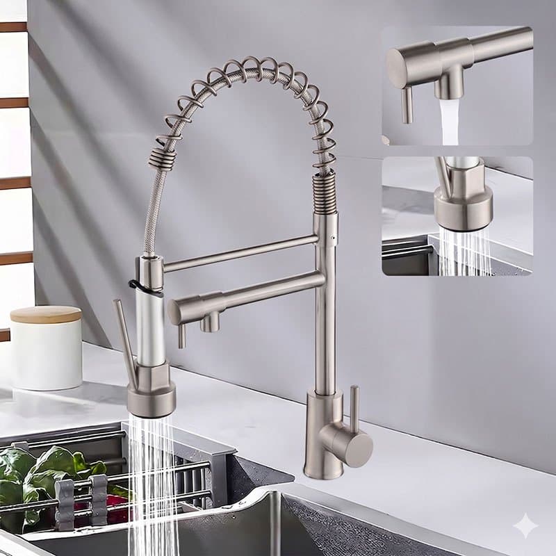 Torneira de Monocomando Cozinha Inox 304 com Jato Duplo e Rotação 360° Prata Escovado
