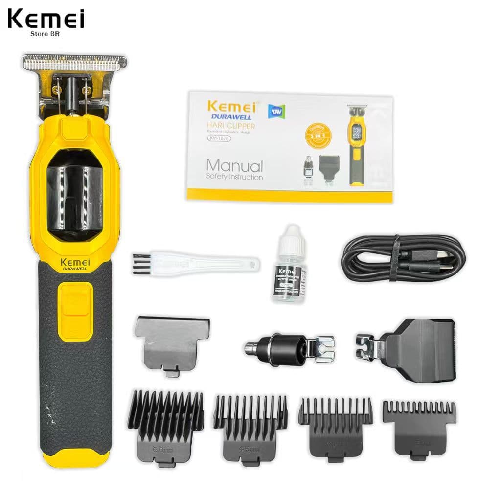 Máquina De Cortar Cabelo Visor LCD Recarregável Profissional 3 em 1 Kemei Km-1878