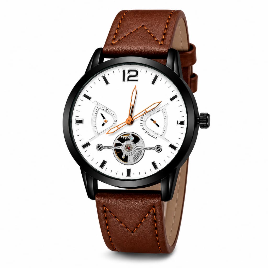 Relógio Masculino Luxo Couro Cronógrafo Dourado Preto Branco – Estilo Premium Casual e Social