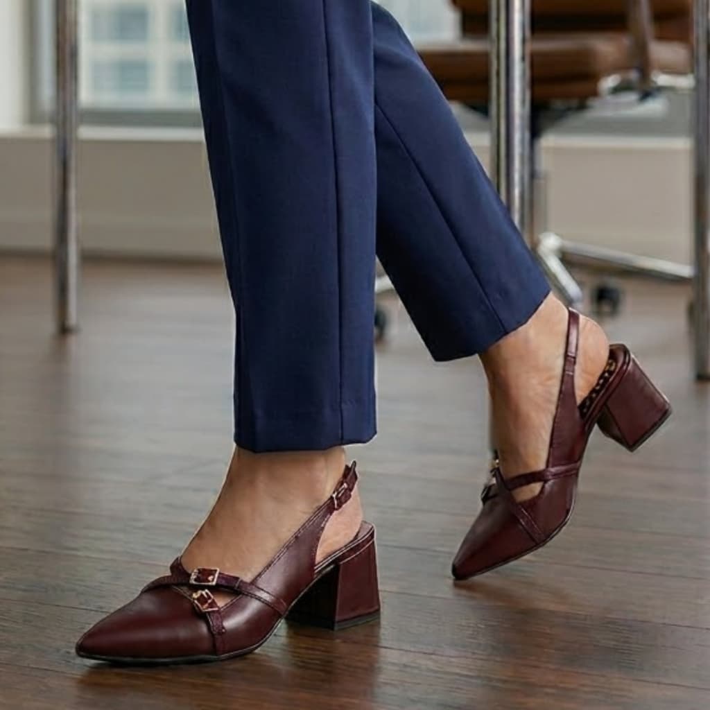Sapato Slingback Bico Fino Feminino Salto Grosso