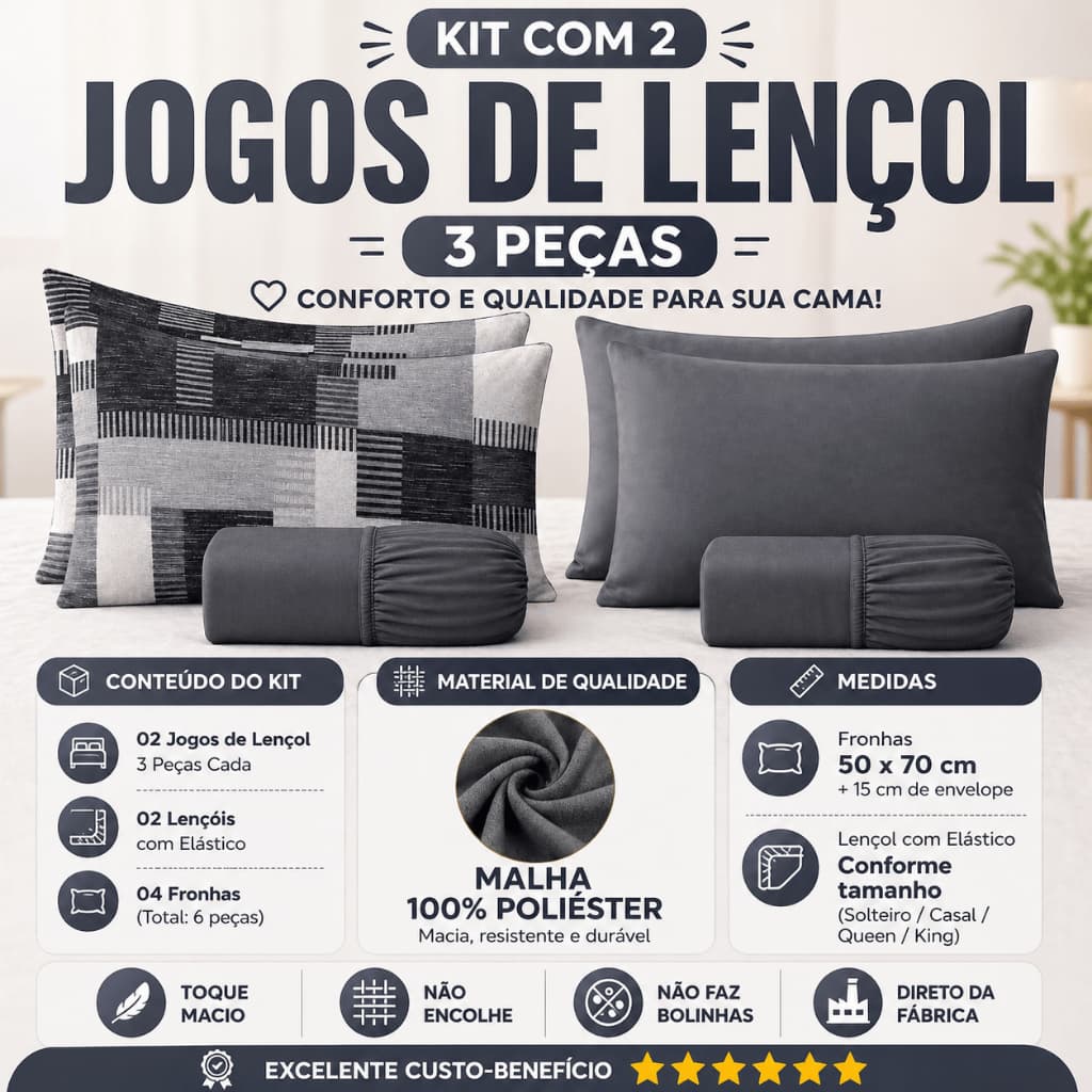 Kit 2 Jogos Lençol Cama Casal Box 3 Peças Malha Premium
