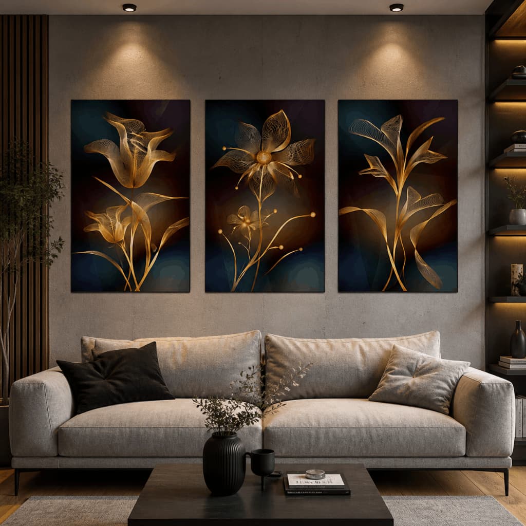 Kit 3 Quadros Flores Douradas Abstratas Decorativo MDF Sem Moldura Sala Luxo Moderno