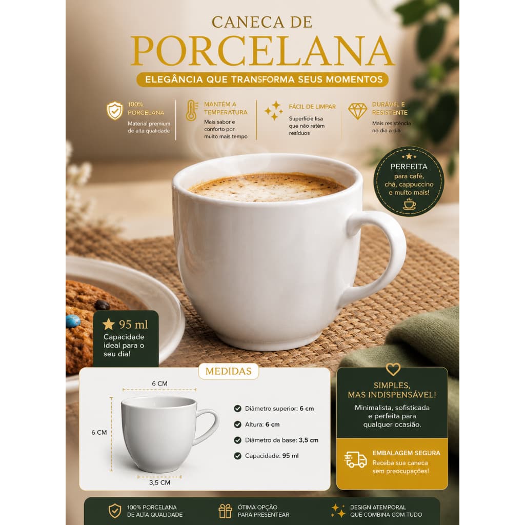 Jogo 6 xicaras de Chá/Café de 95ml Brancas