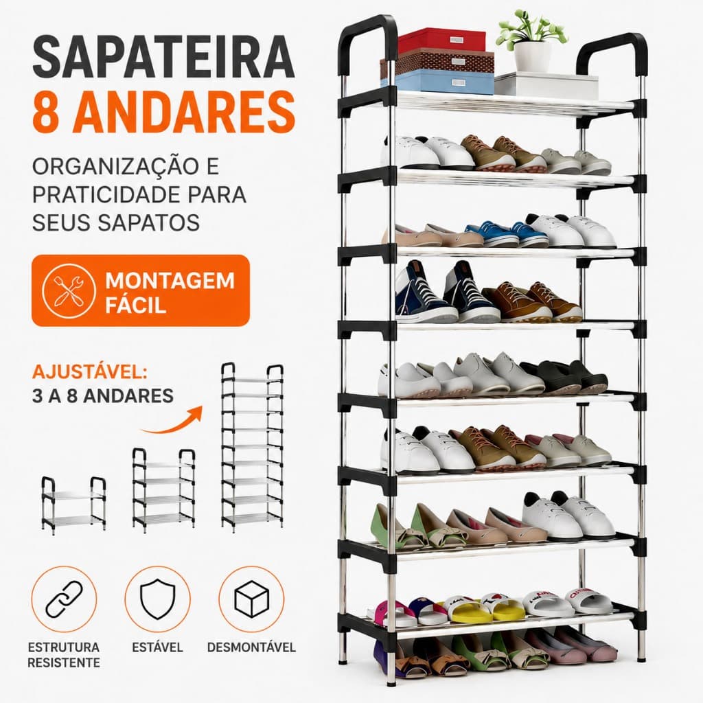 Sapateira Vertical em Aço Cromado 3 a 8 Andares Organizador Desmontável Multiuso Ajustável OI‑JJ