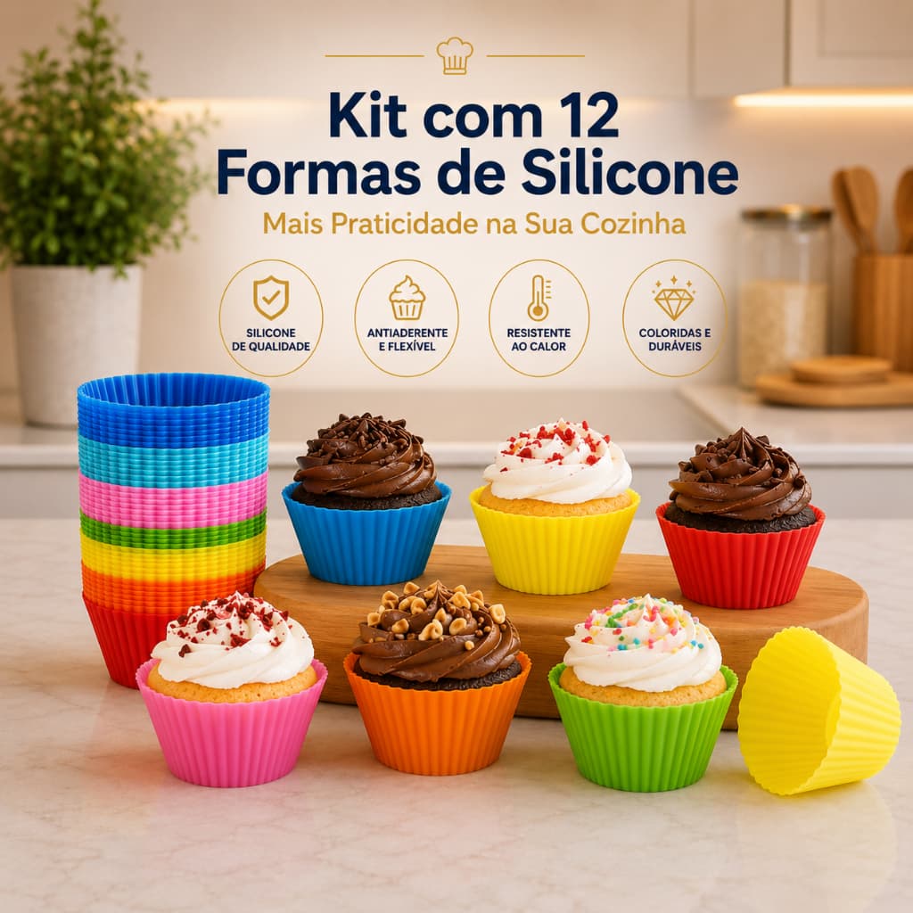 Kit 12 Formas Silicone Cupcake, Bolo, Empada Muffin Air Fryer, Forminha Reutilizável Antiaderente