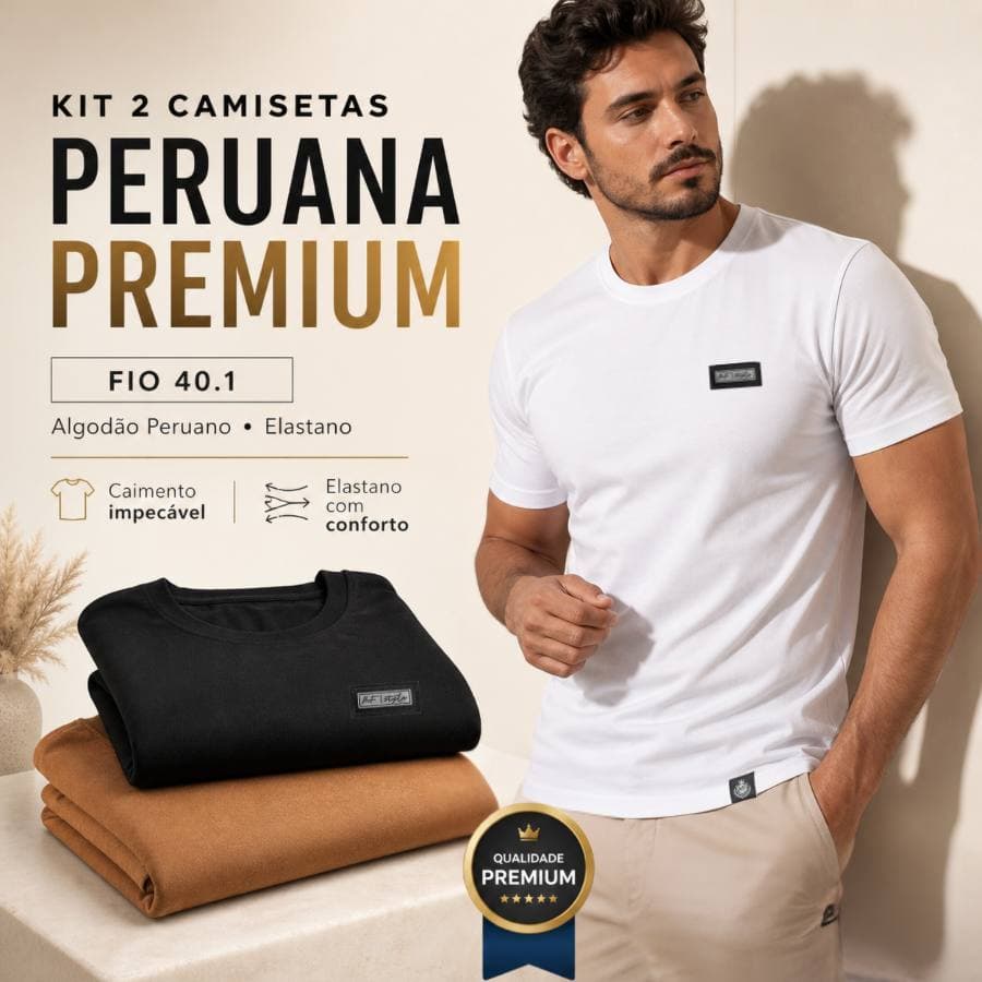 Kit 2 Camiseta Elástica Algodão Peruano com Elastano Premium