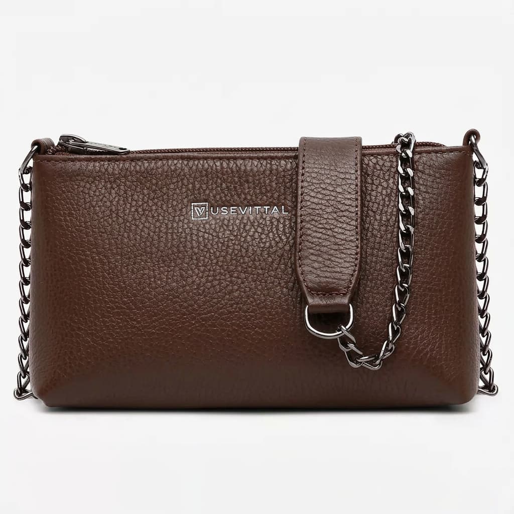 Bolsa Feminina Vittal Clutch Annelise em Couro Legitimo Preta Alça Corrente Marrom Café