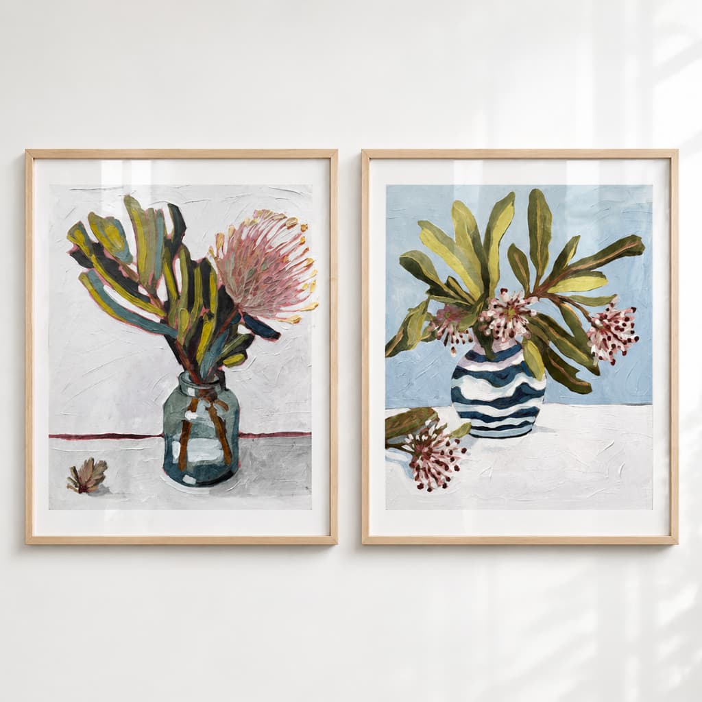 Duo Quadros Vasos com Flores Minimalista Romântico Farm House Moldura e Vidro
