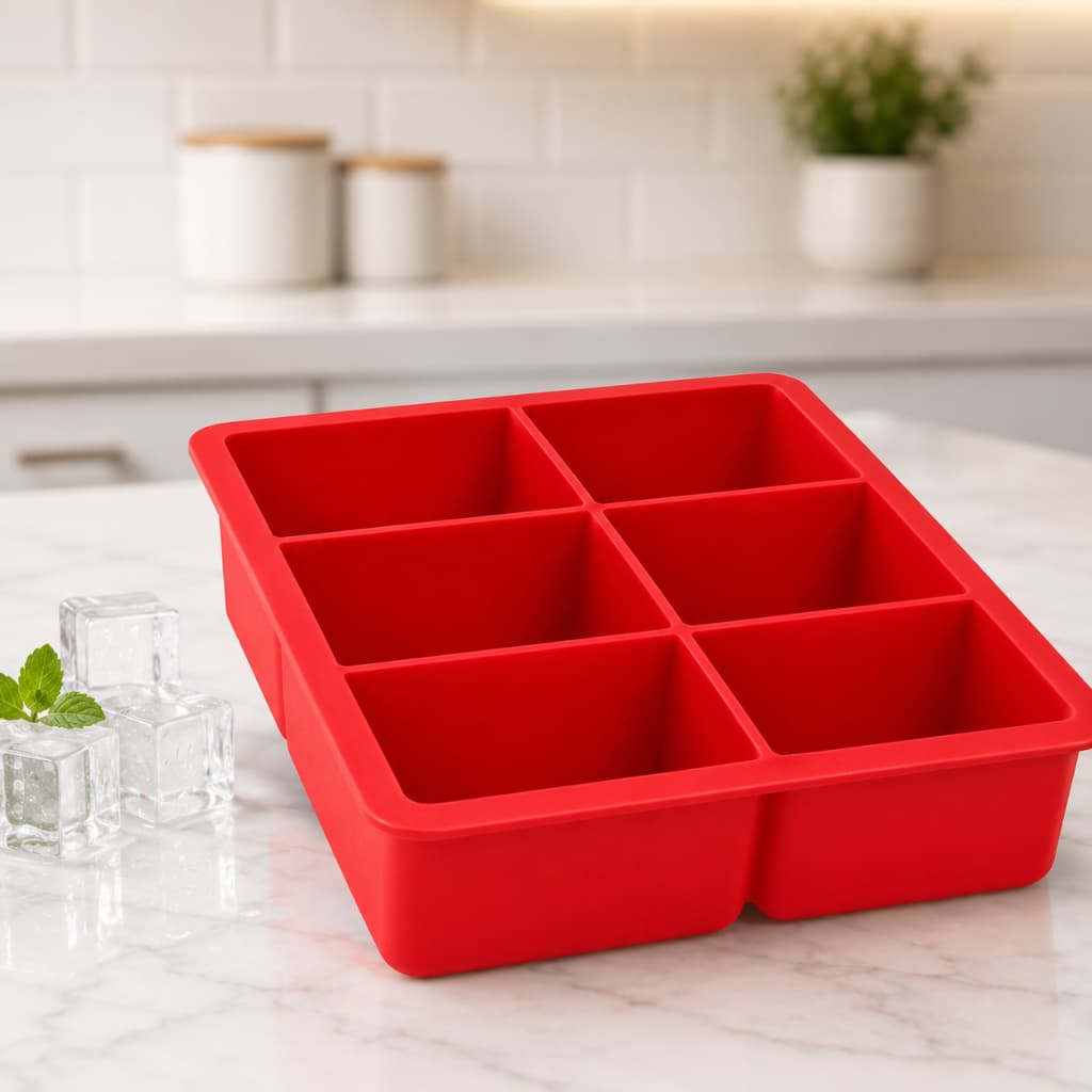 Forma de Gelo Silicone Premium 6 Cubos Vermelha - Drinks Papinhas Sucos Chocolate Fácil Desenformar