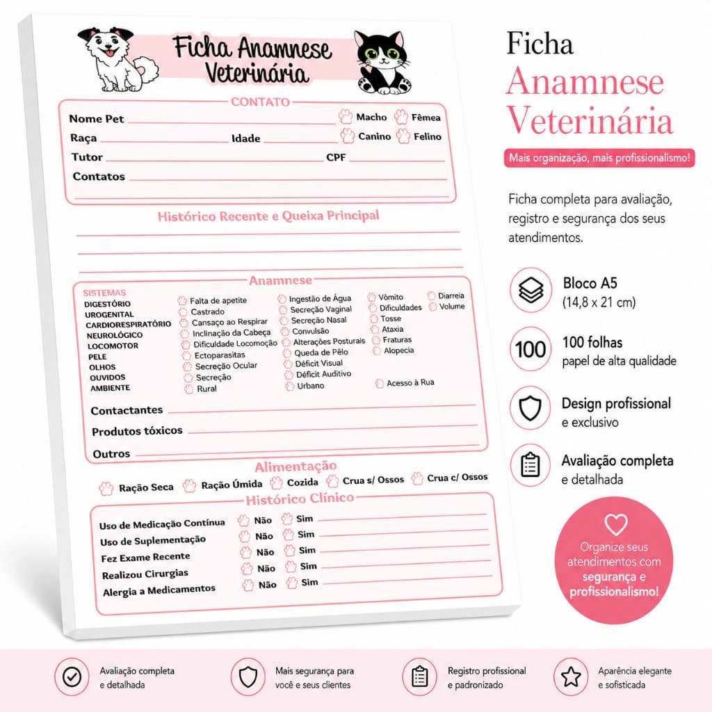 Bloco Ficha de Anamnese Veterinária (bloco 100 folhas)
