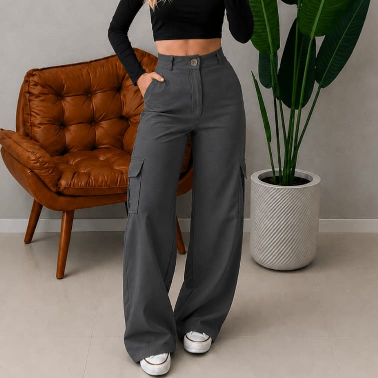 Calça CARGO Feminina Alfaiataria com bolso lateral wideleg
