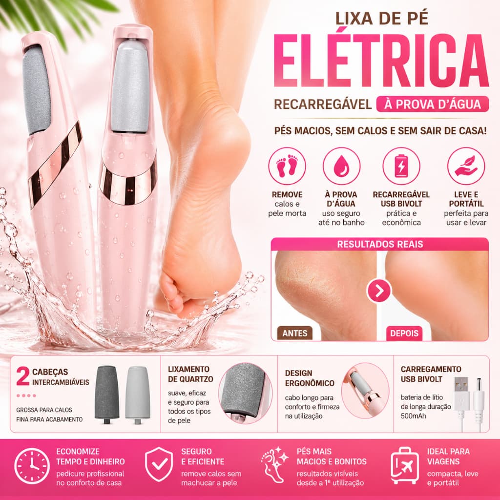 Lixa Elétrica para Pés Recarregável Sem Fio Removedor de Pele Morta e Calos Bivolt