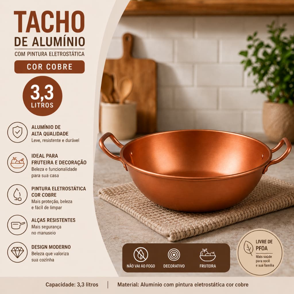 Tacho Fruteira Alumínio Cobre 3,3 Litros Cor Cobre C/ Asa