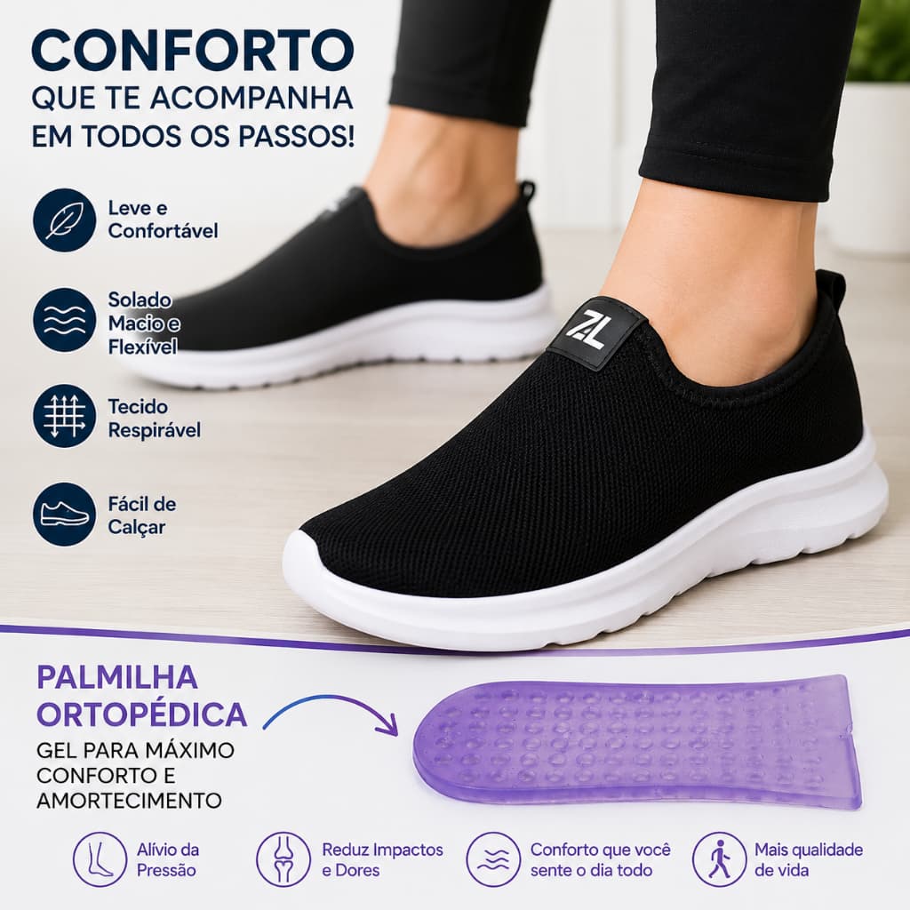 Tênis Meia Slip On Feminino Calce Fácil Ortopédico