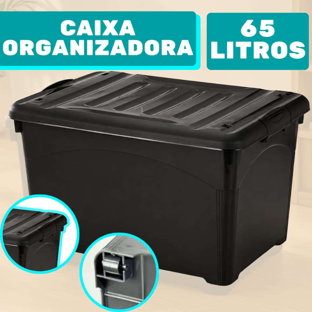 Caixa Organizadora De 65 Litros Preta Com Rodinhas Injeplastec Multiuso