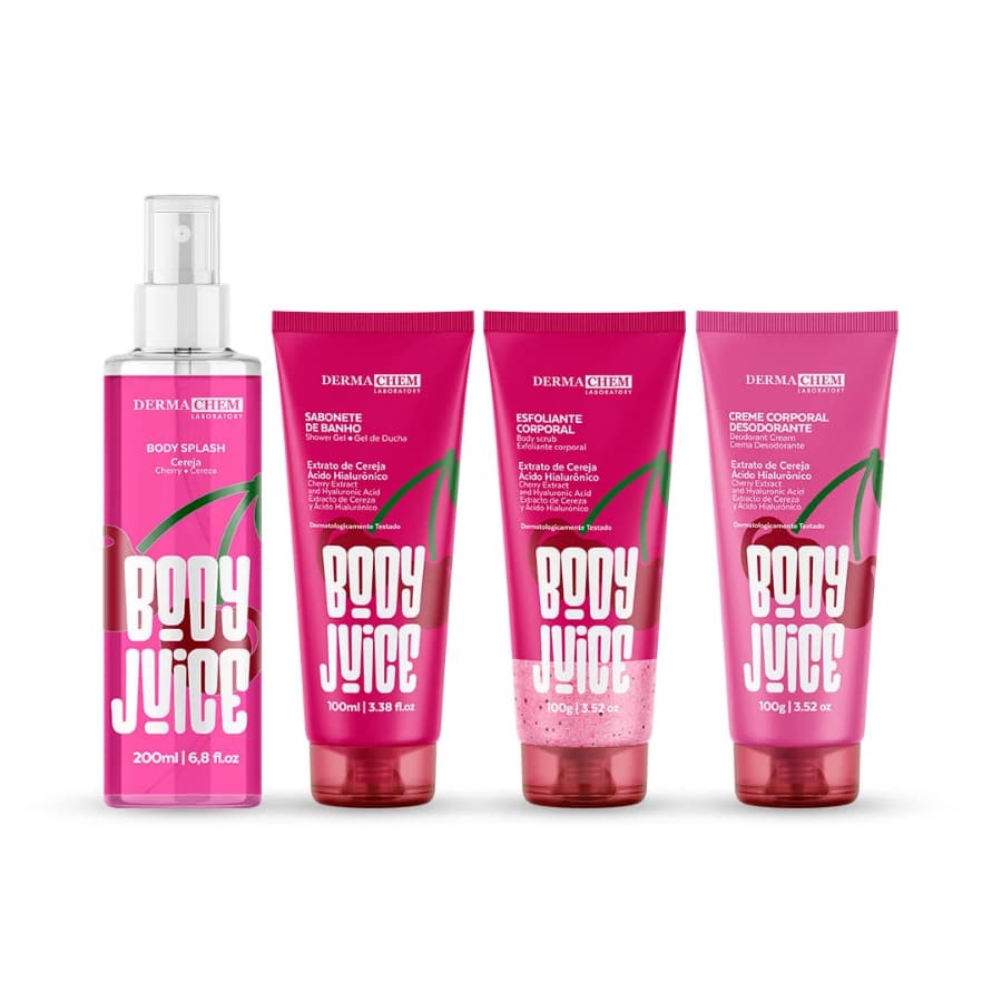Kit Corporal Completo Juice Cereja Dermachem Autocuidado Body Splash Creme Sabonete Esfoliante
