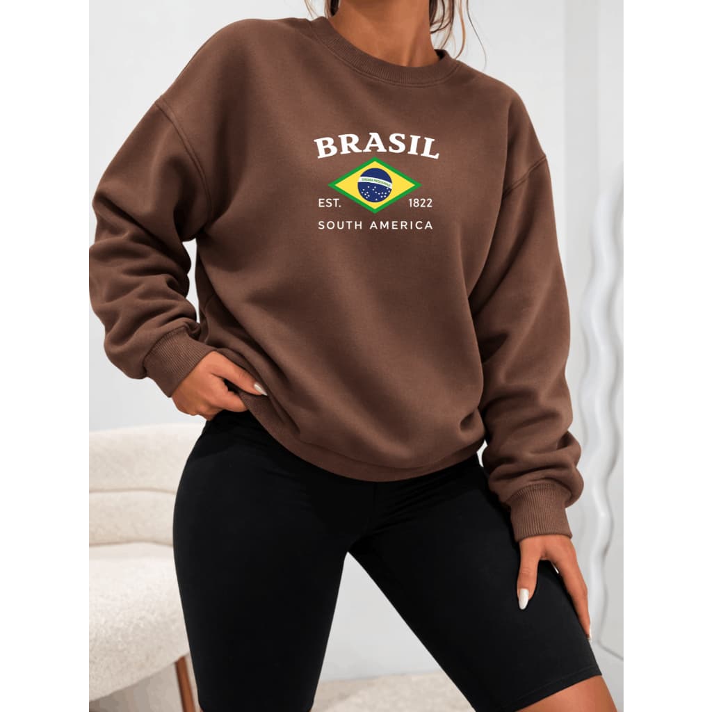Moletom Careca Feminino Inverno Algodão Blusa De Frio Estampado Gola Canelada Brasil Brasa Brasuca Copa Seleção