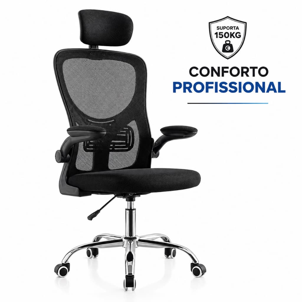 Cadeira de Escritório Ergonômica Preta com Apoio Lombar, Braços Ajustáveis e Encosto Mesh