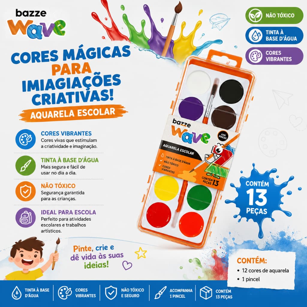 Kit Pintura Aquarela Infantil Bazze Wave 13 Cores Estojo Escolar Com Pincel Não Tóxico