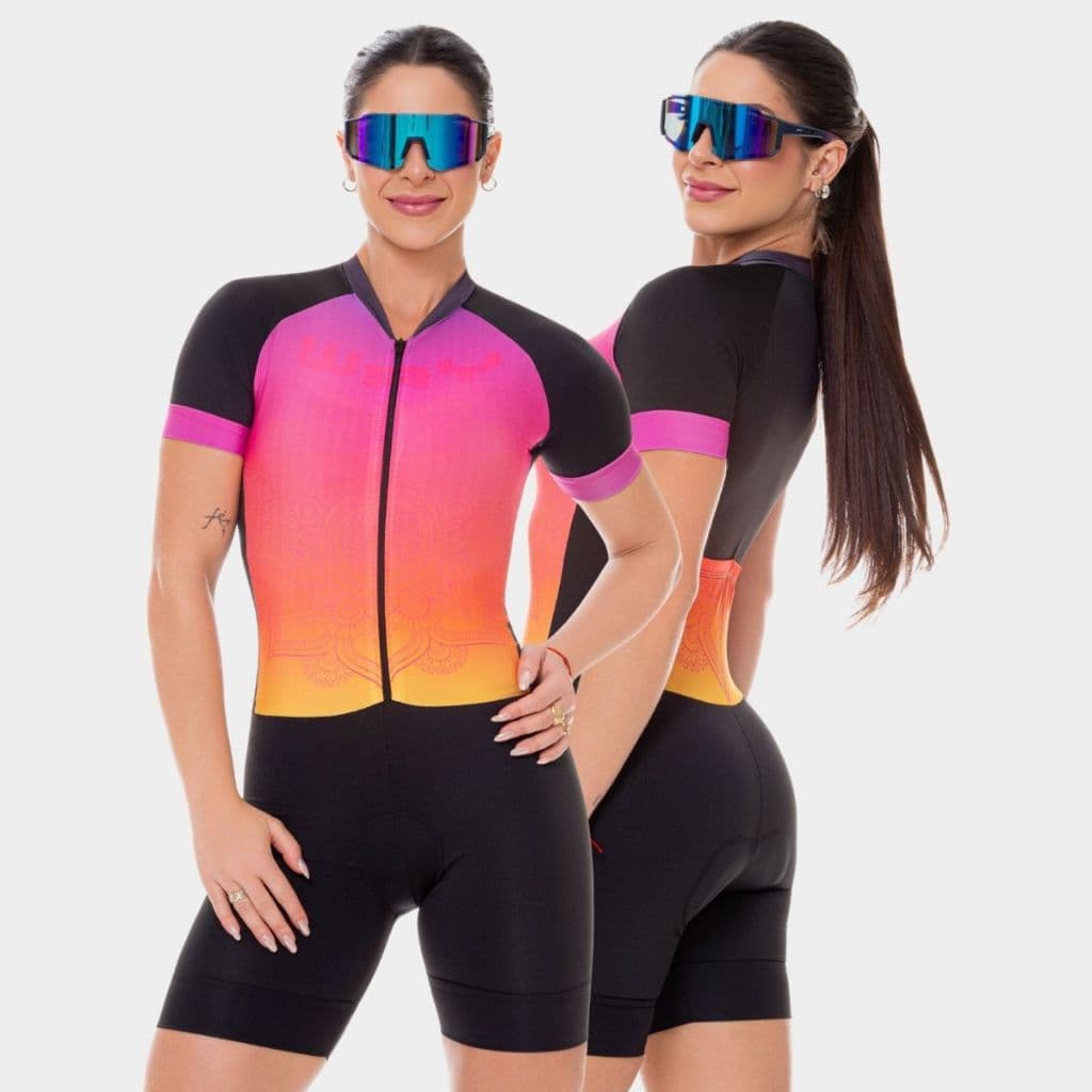 Macaquinho Ciclismo Feminino Macacão Forro Espuma Acolchoado Rosa Mandala Roupa Bike Pedal Mtb