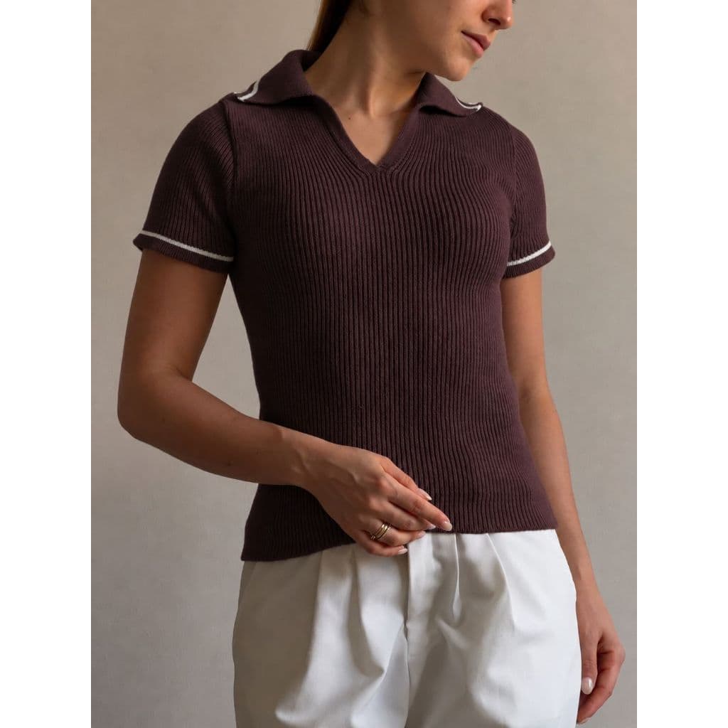 Camiseta Tricô Polo Listras Tricot Canelado Verão Moda Feminina