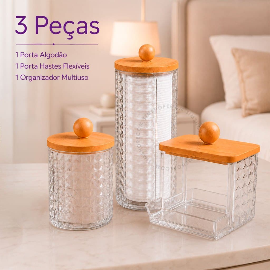 Organizador 3 Peças Tampa Bambu Com Porta Algodão Porta Cotonete