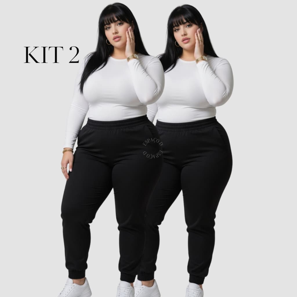KIT 2 Calça Jogger feminino elegante elástico na barra acinturado cintura alta slim ao plus size - Calça Jogger
