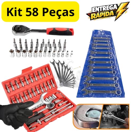 Jogo Kit Ferramentas 58 Peças Completo com Soquetes, Catraca e Chaves Combinadas Jogo Profissional