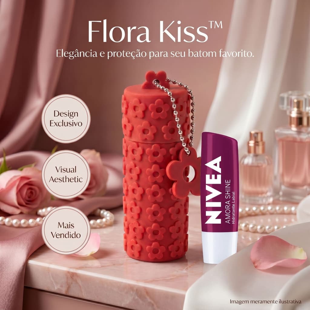 Porta Batom Flora Kiss Estojo Protetor Floral Chaveiro Feminino Elegante Fashion