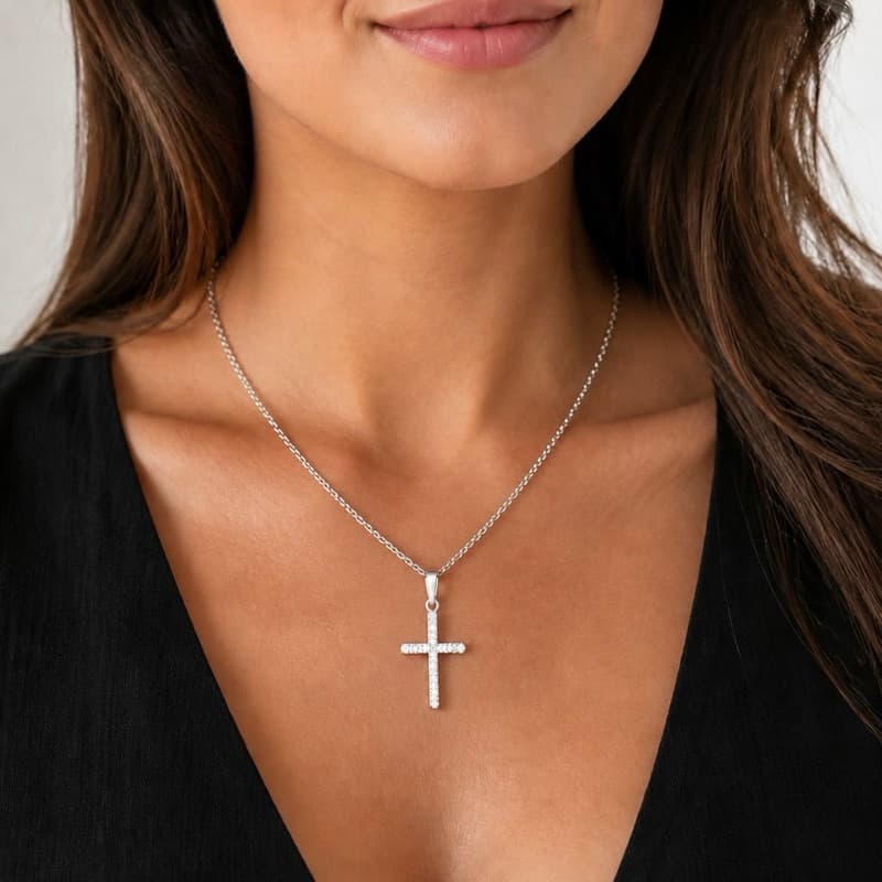 Colar Cordão Feminino Elo Português Cor Prata 925 2mm + Pingente cruz cravejada | Não Descasca | Garantia Vitalicia