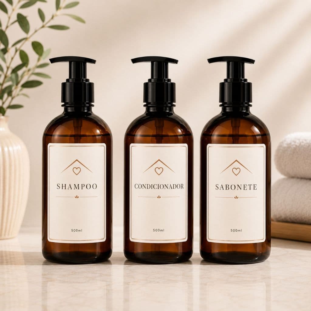 Kit Frascos Âmbar 500ml Para Banheiro Shampoo/Condicionador/Sabonete Premium