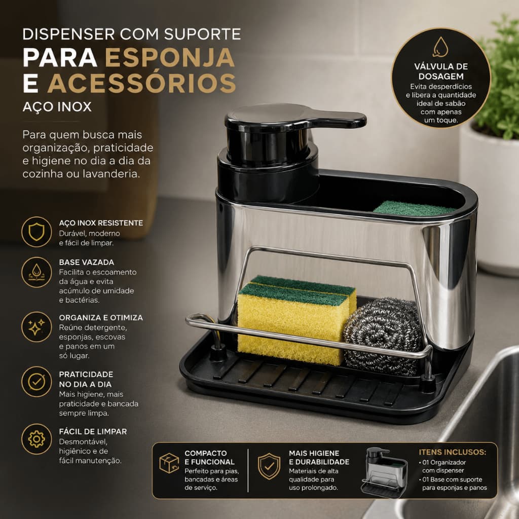 Dispenser Com Suporte Para Esponja Organizador De Pia Moderno Em Aço Inox Para Cozinha Pia Tanque