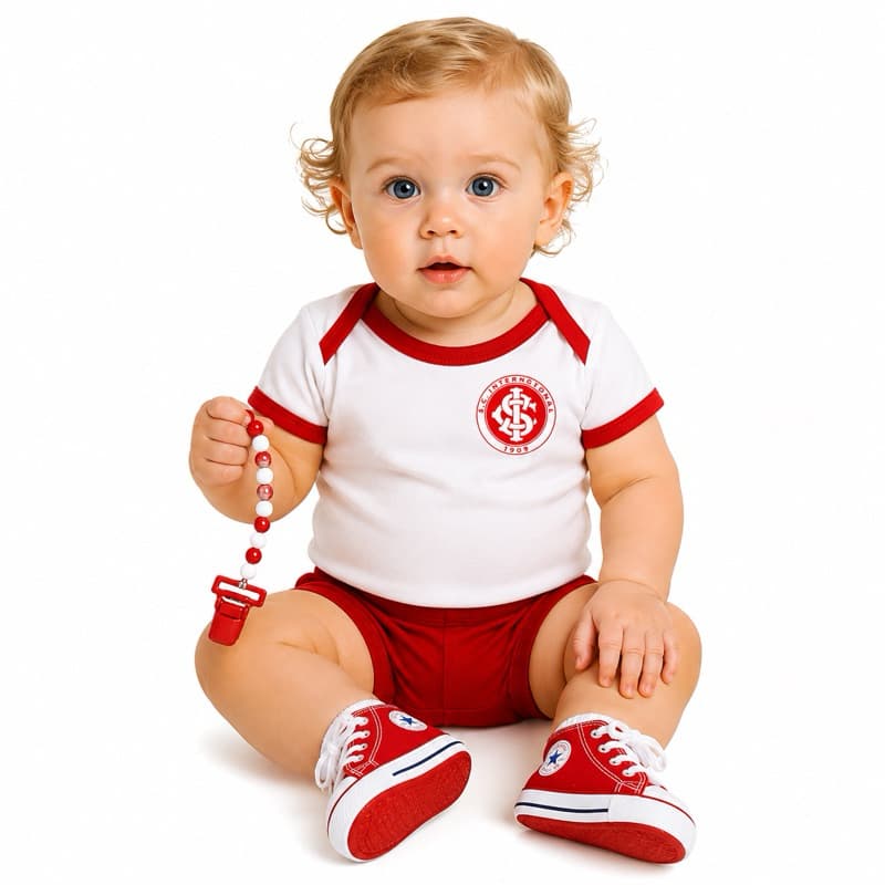 Conjunto 4 Peças Time Inter Body Bebe + Shorts Calção, Tênis e Prendedor de Chupetas e/ou Mordedor