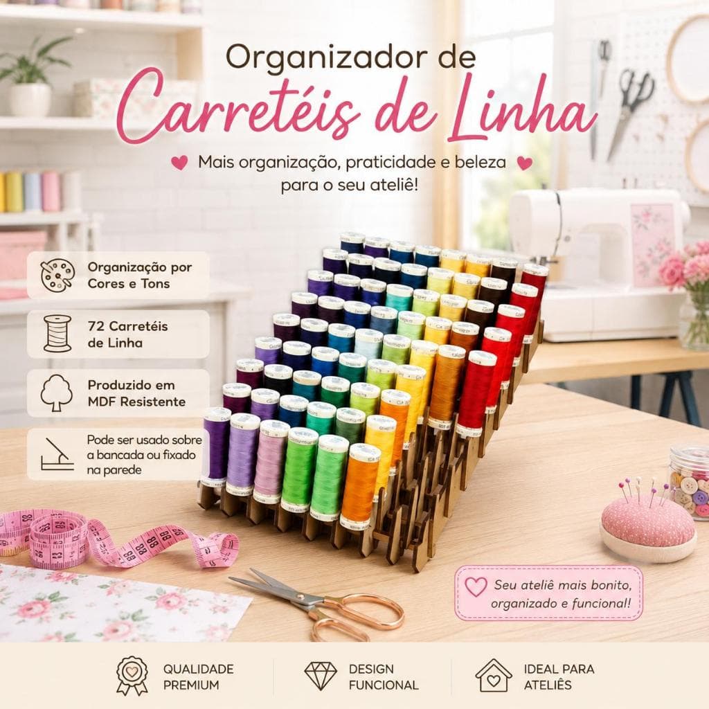Organizador Carretel de Linha Costura Bancada Parede Para 72 Carreteis MDF