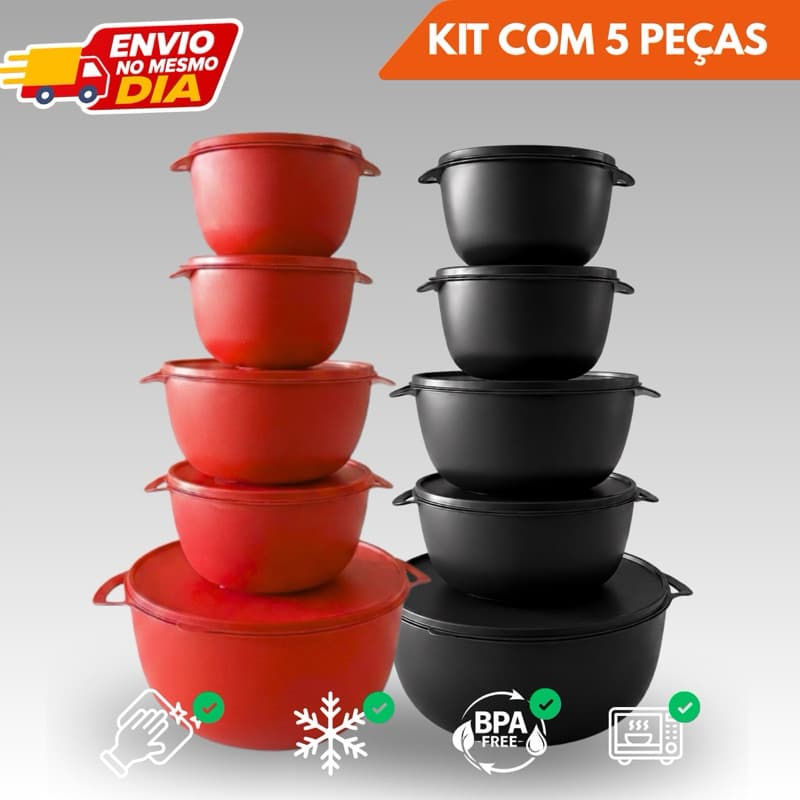 Kit 5 Potes Bowl Redondos com Tampa BPA Free para Mantimentos Cozinha Freezer e Microondas