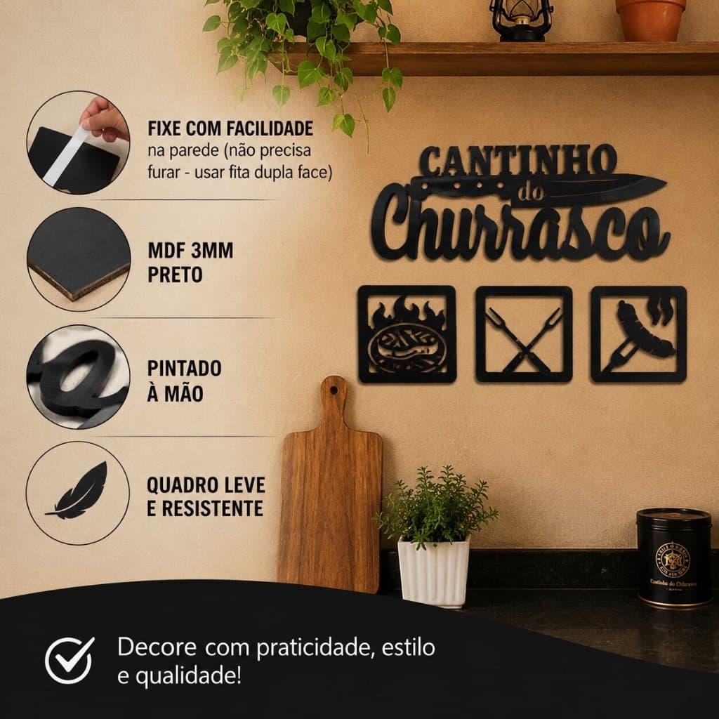 Quadro Escrita Parede Cantinho do Churrasco Mdf + 3 Quadrinhos Área Gourmet Decoração Casa Painel