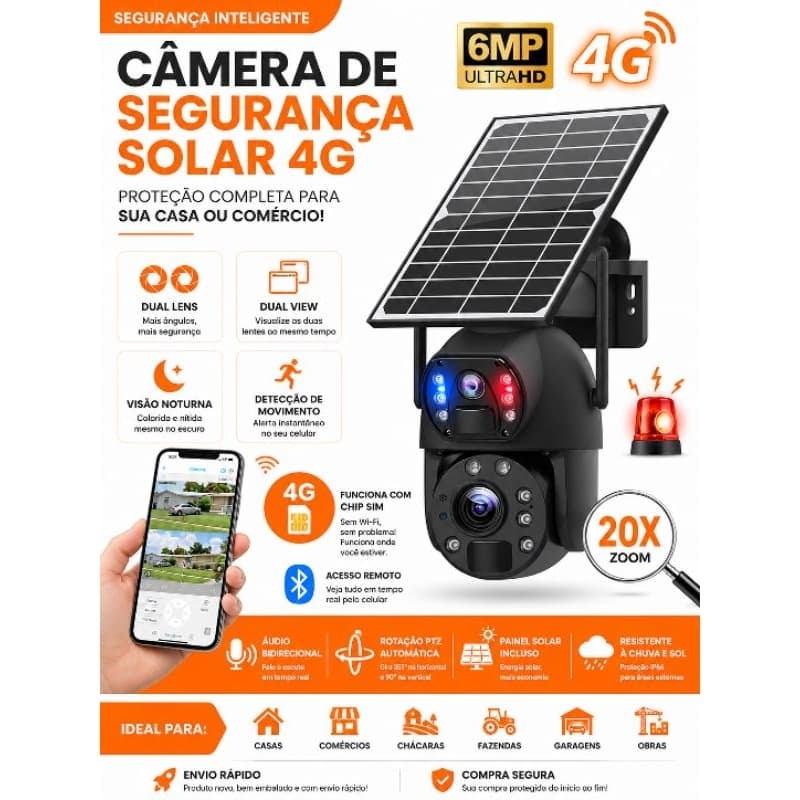 Câmera de Segurança Solar 4G 6MP Dual Lens com Painel Solar e Zoom 20X