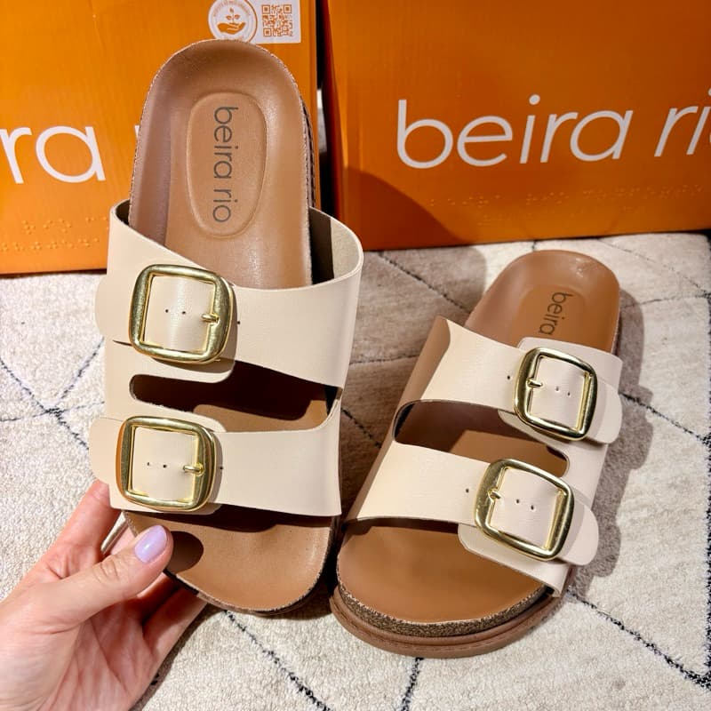 Chinelo Estilo Birken Beira Rio  Original Feminino Slide Fivelas Moderno e Confortável  Preto Camel Branco Off Creme