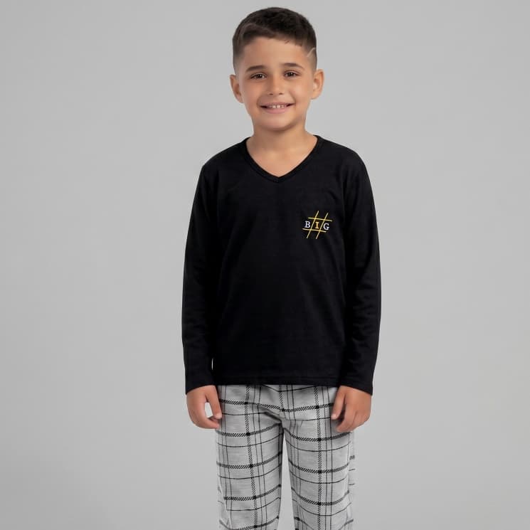 Pijama Infantil Masculino Xadrez Manga Longa Calça Comprida Inverno Malha Leve Conforto