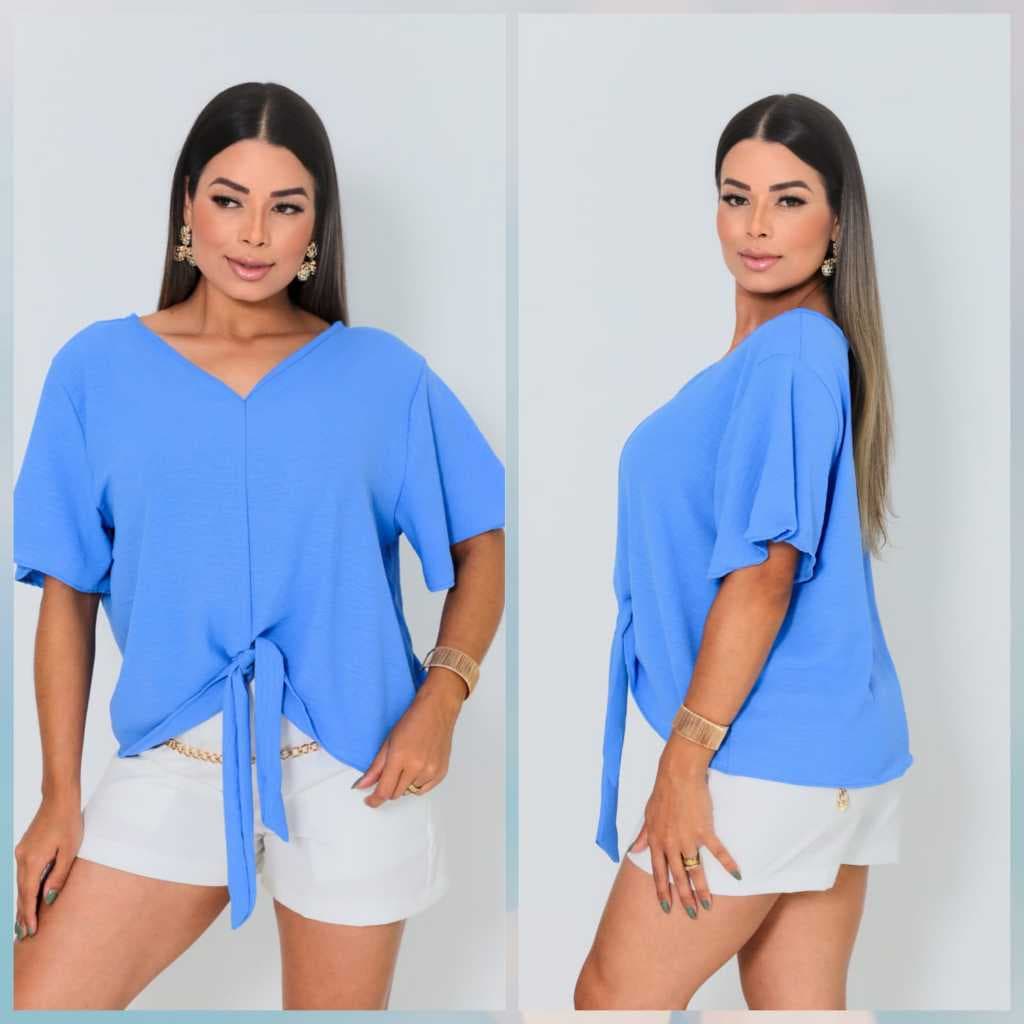 Blusa Feminina Plus Size  Manga Curta Detalhe Amarrar Frente