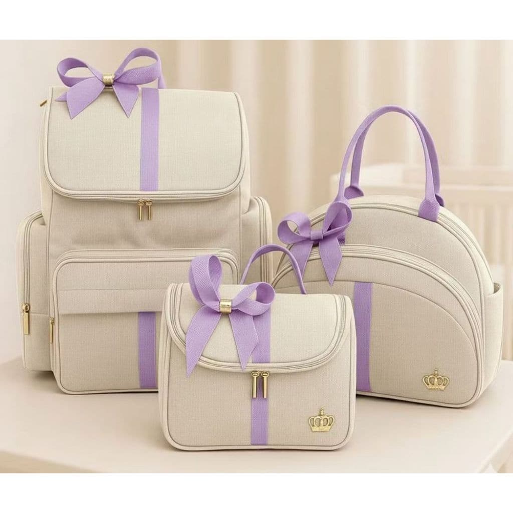 kit Maternidade Bebe Bolsa Bege/Lilas Mochila Luxo Laço 3 bolsas Marfim