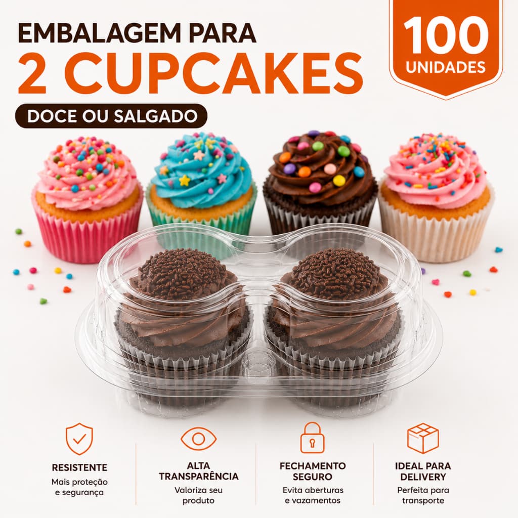Embalagem 2 Cupcakes DA14 100 Unidades PET Transparente Doce Salgado (G14)