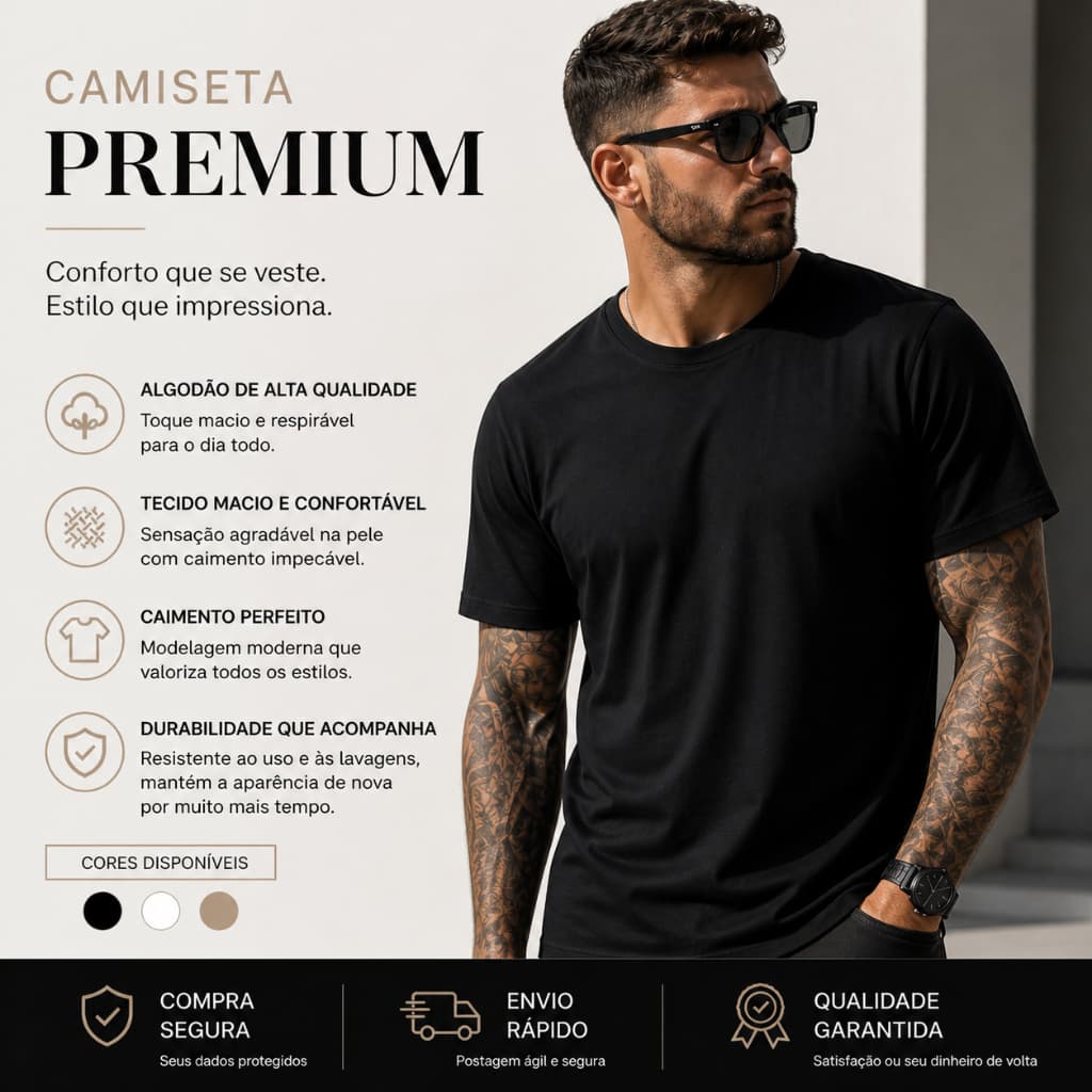 Camiseta Masculina lisa Preta Básica Unissex Confortável Estilo Urbano P ao GG para Todos Estações