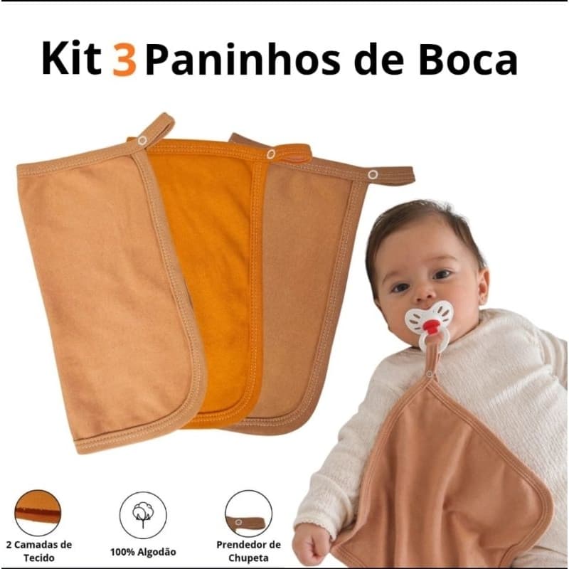 Kit 3 Paninho de Boca Naninha Babete Bebê  Com Prendedor De Chupeta Enxoval Maternidade 100% Algodão