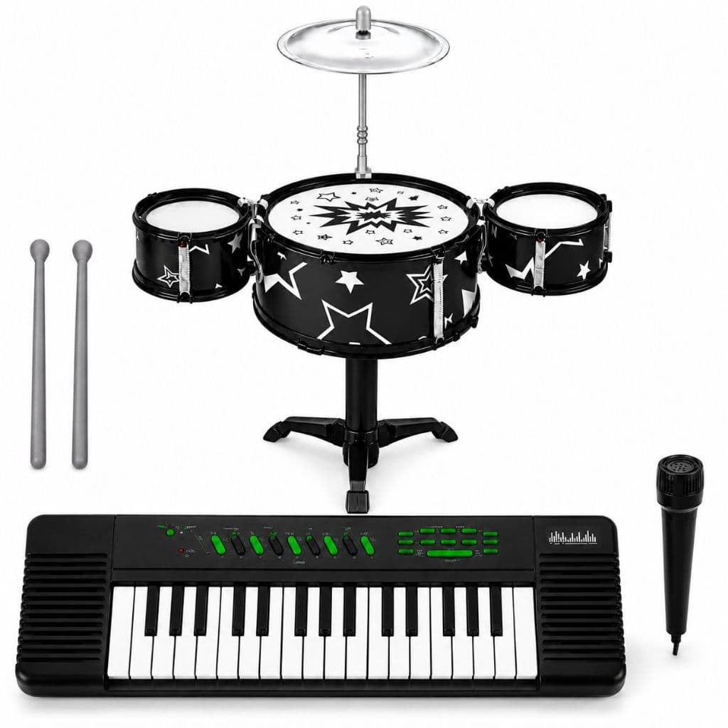 Kit Teclado Microfone e Bateria Infantil Brinquedo Musical Completo