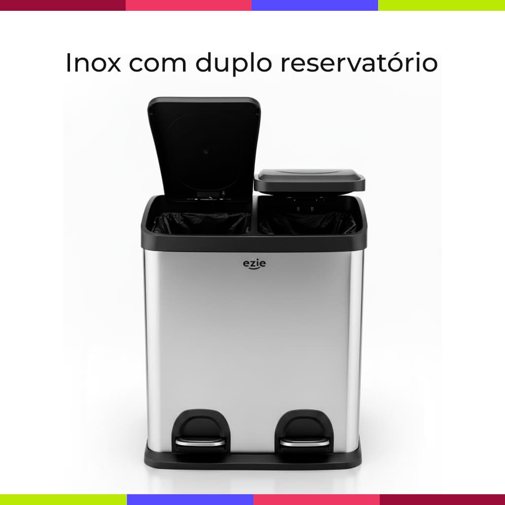 Lixeira Inox Dupla 30L com Pedal EZIE Twins | Organização Inteligente para Cozinha