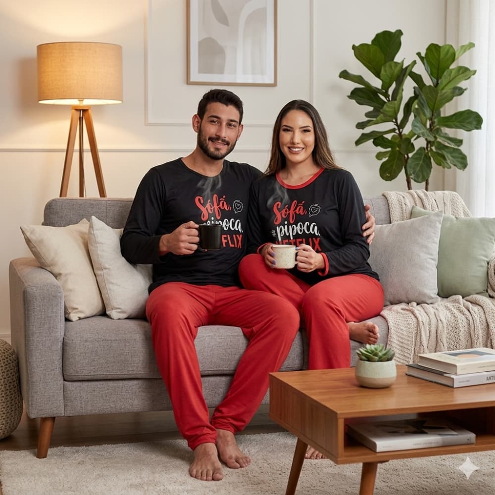 Kit 2 Pijamas Netflix Inverno Dia Dos Namorados Casal Combinando Manga Longa Adulto