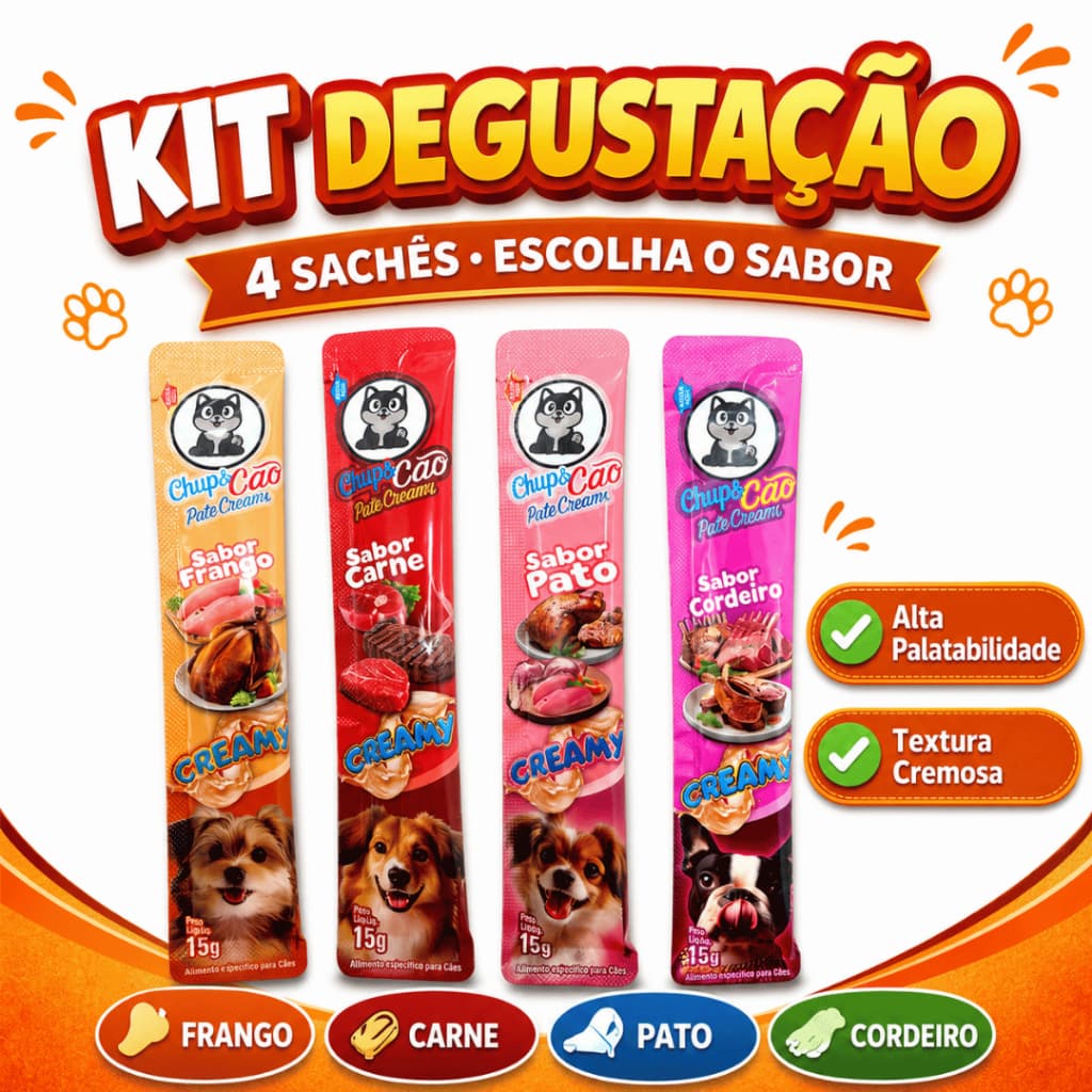 Kit 4 Sachês Chup’s Cão 15g para Cães | Petisco Cremoso Alta Palatabilidade | Degustação Sabores Variados